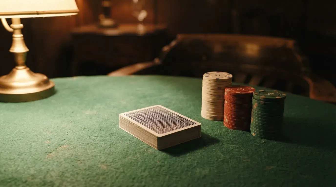 Kortlek och staplar av spelmarker på ett grönt filtbord i en dunkel salong, varmt lampsken — 10 euro casino i sverige