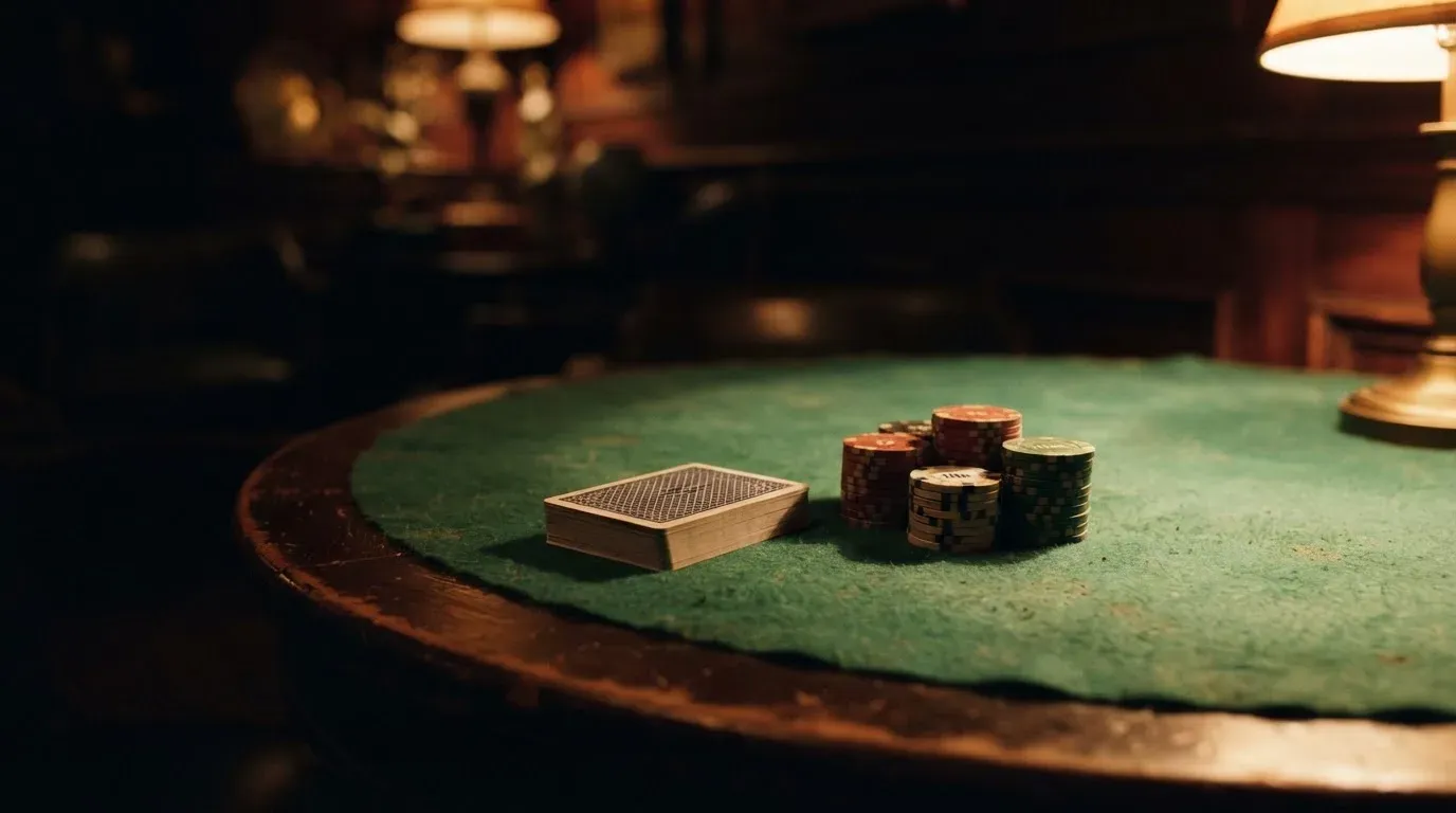 Kortlek och staplar av spelmarker på ett grönt filtbord i en dunkel salong, varmt lampsken — 10 free spins casino i sverige