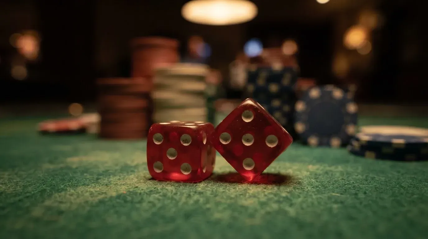 Röda tärningar vilar på grönt filt, bakom dem suddiga torn av spelmarker i kvällsdunklet — 10 kr casino i sverige