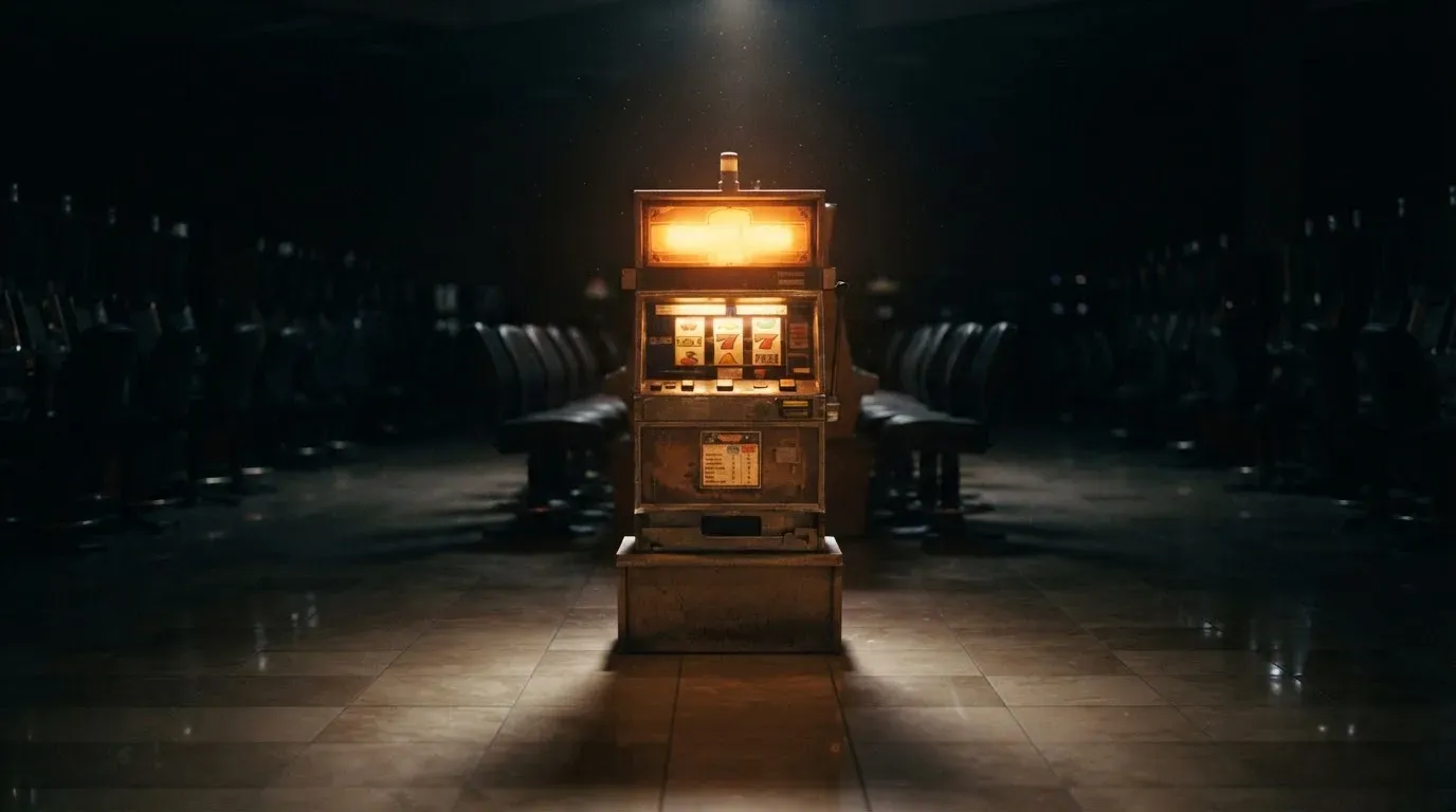 En gammal spelautomat lyser i den dunkla hallen och speglar sig i golvet — 100 free spins casino i sverige