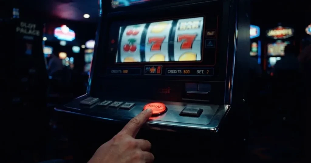 Ett finger trycker på spelautomatens klarröda knapp i dunklet, neonljus lyser runt omkring — 100 free spins casino i sverige