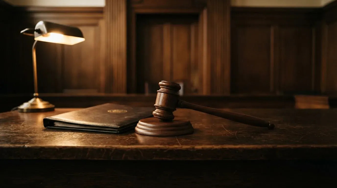 En domarklubba bredvid en sluten läderpärm på ett mörkt bord, ekpanel bakom — 100 kr casino i sverige