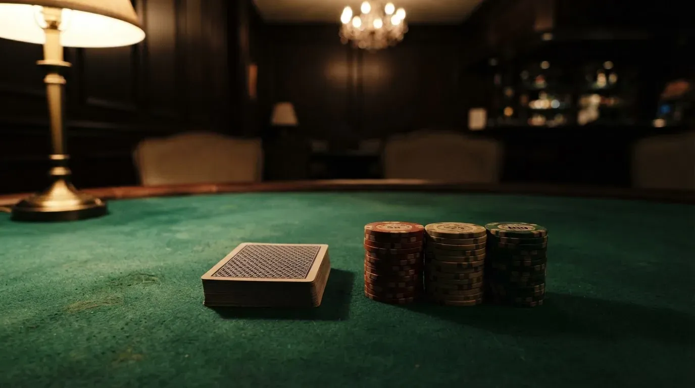 Kortlek och staplar av spelmarker på ett grönt filtbord i en dunkel salong, varmt lampsken — 150 free spins casino i sverige