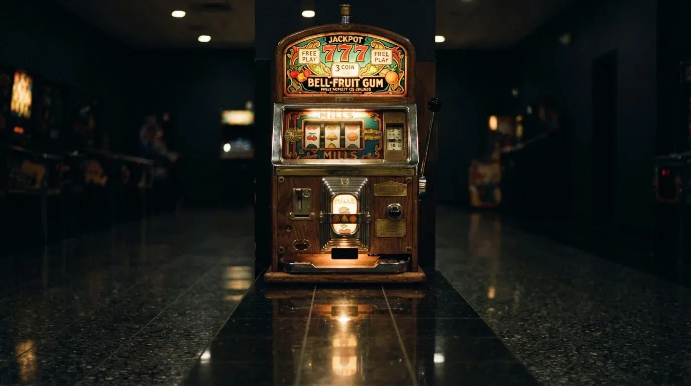 En gammal spelautomat lyser i den dunkla hallen och speglar sig i golvet — 150 kr casino i sverige