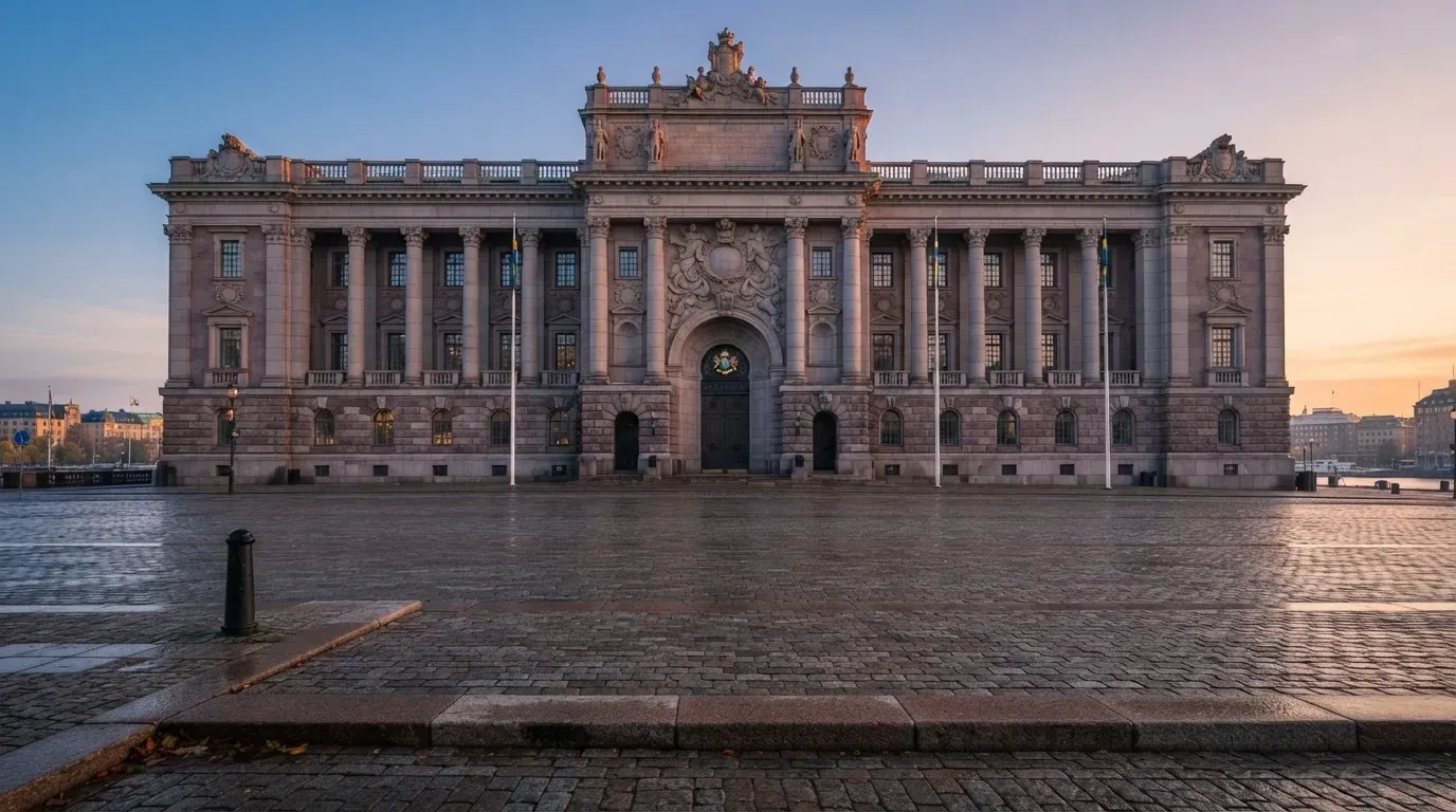 Stenfasad på en statlig byggnad i Stockholm vid gryning, höga pelare och ett tomt torg framför — 150 kr casino i sverige