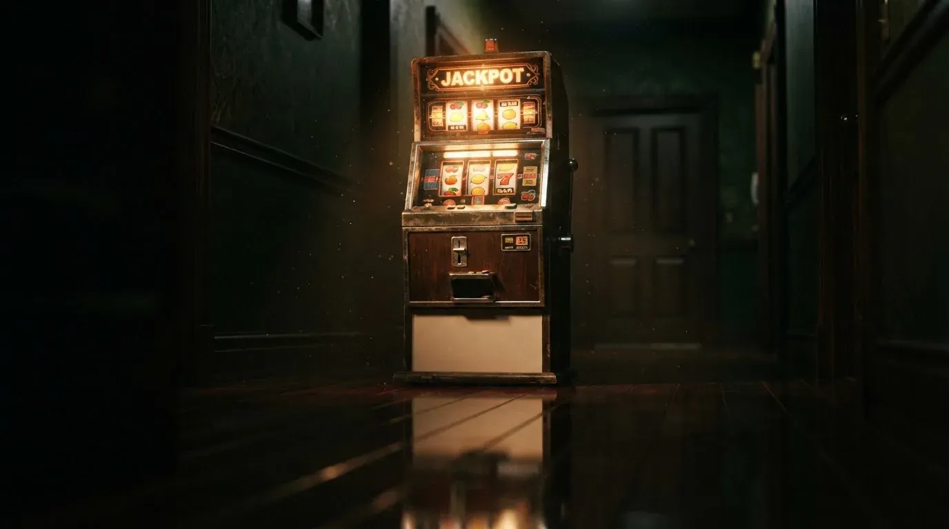 En gammal spelautomat lyser i den dunkla hallen och speglar sig i golvet — 20 euro casino i sverige