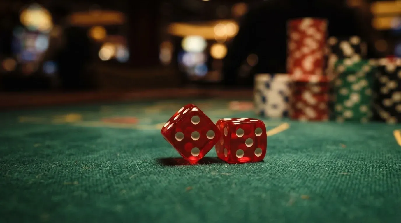Röda tärningar vilar på grönt filt, bakom dem suddiga torn av spelmarker i kvällsdunklet — 20 free spins casino i sverige