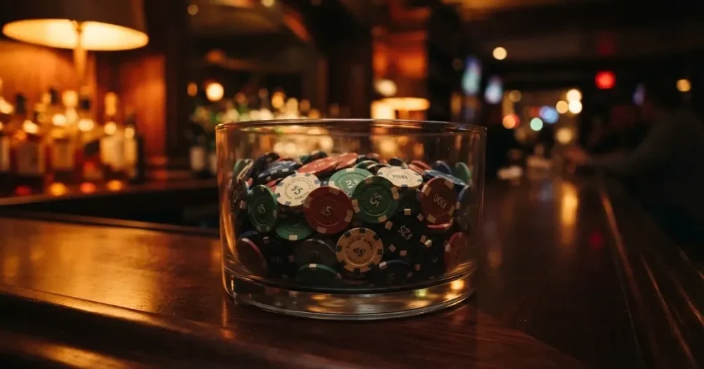 En glasskål full av färgglada spelmarker på en bardisk, flaskor glöder bakom i bärnstensfärg — 20 free spins casino i sverige