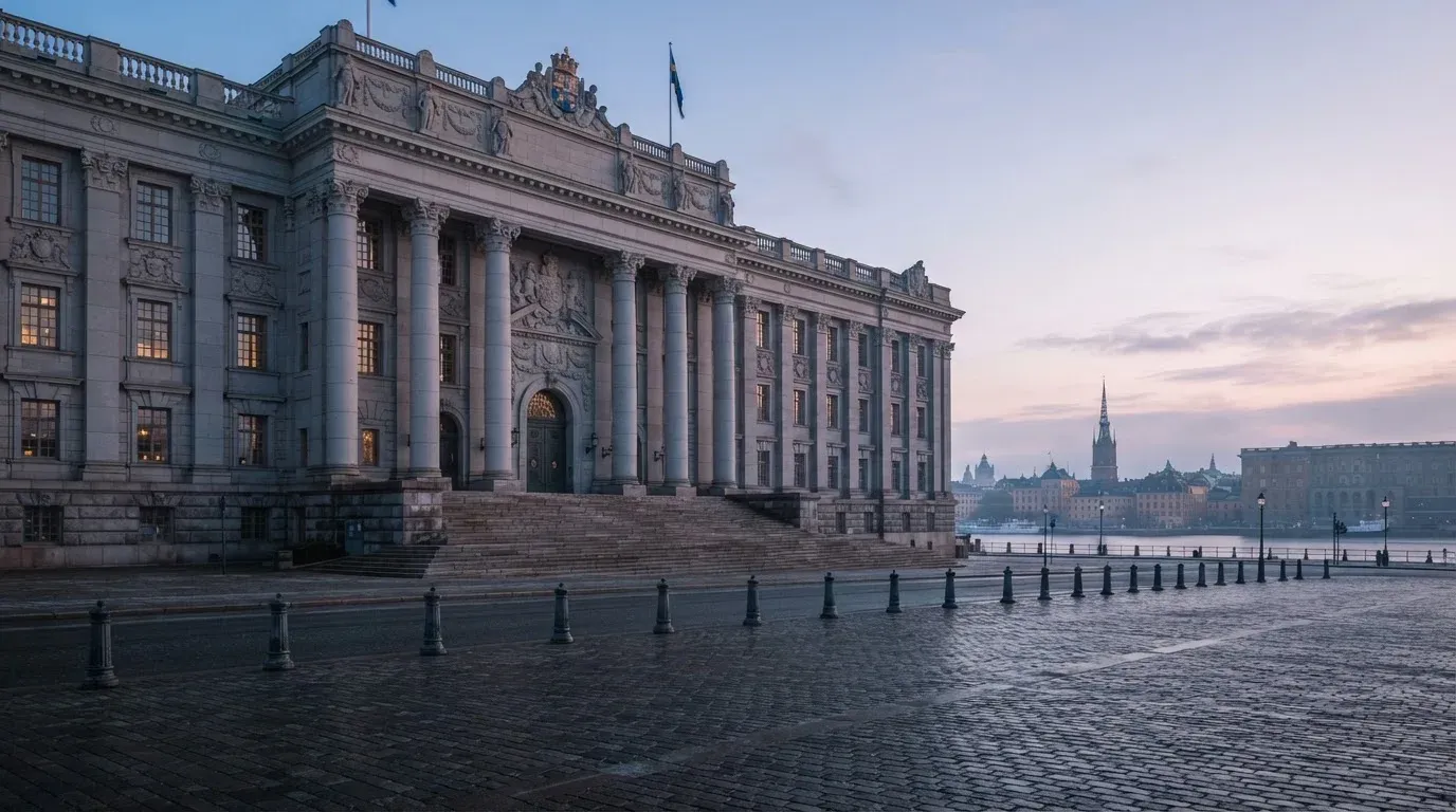 Stenfasad på en statlig byggnad i Stockholm vid gryning, höga pelare och ett tomt torg framför — 200 free spins casino i sverige