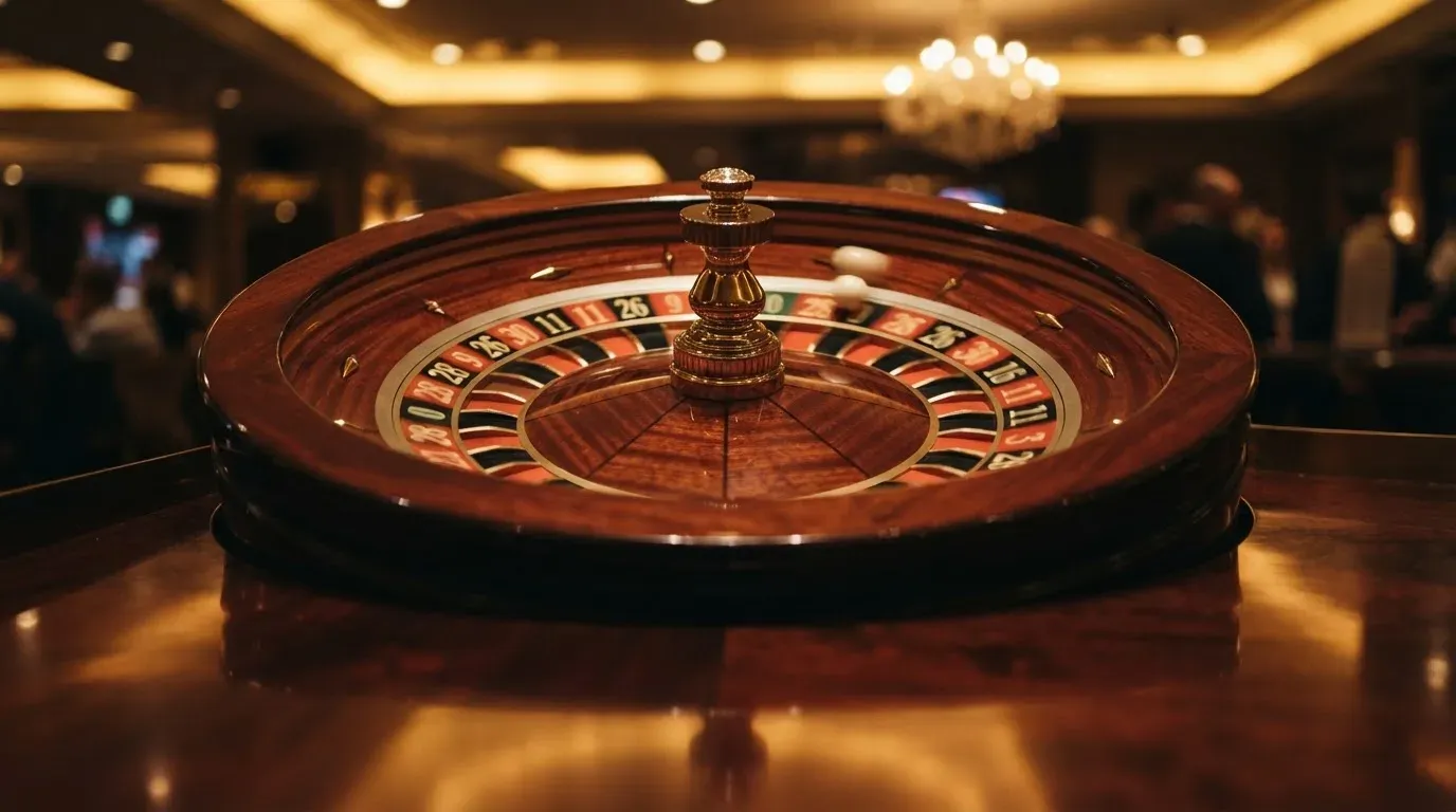 Ett roulettehjul snurrar på ett blankt träbord, den vita kulan glimmar i takljusets guld — 30 free spins casino i sverige