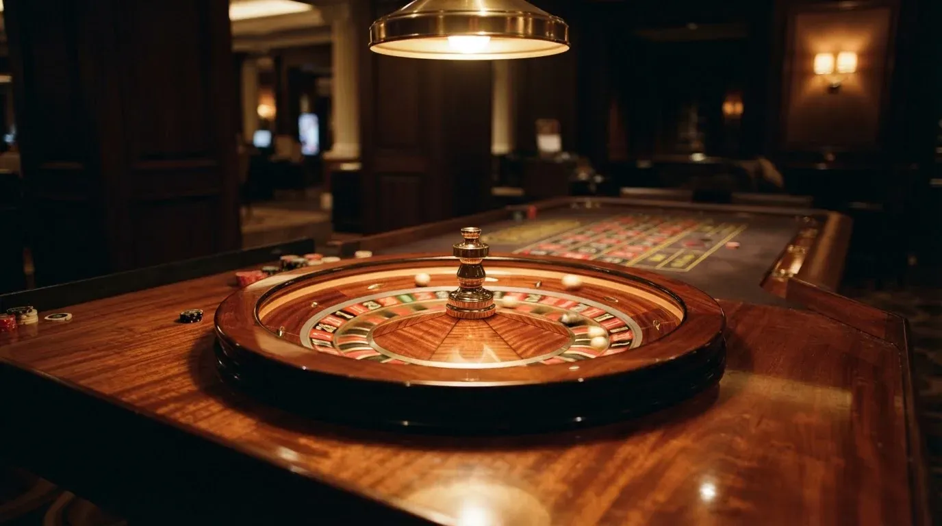Ett roulettehjul snurrar på ett blankt träbord, den vita kulan glimmar i takljusets guld — 40 free spins casino i sverige