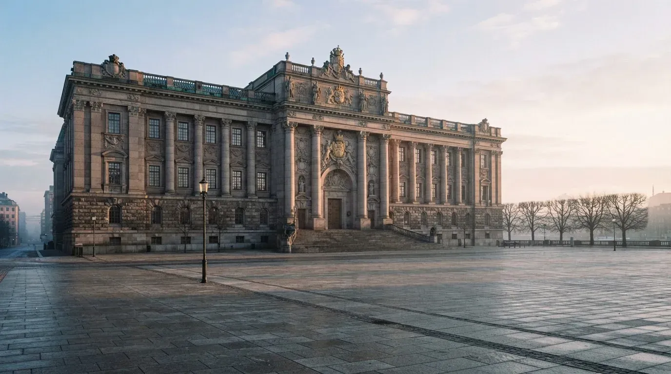 Stenfasad på en statlig byggnad i Stockholm vid gryning, höga pelare och ett tomt torg framför — 40 free spins casino i sverige