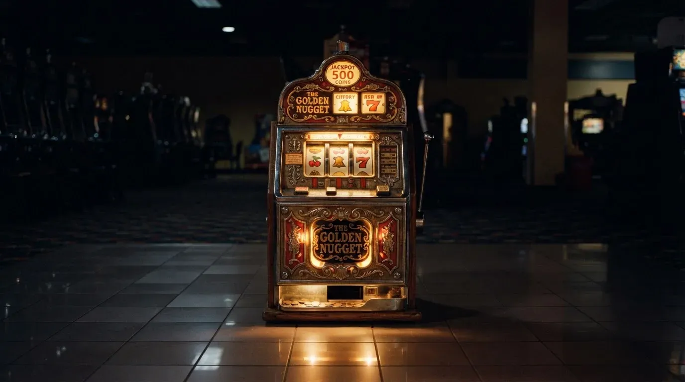 En gammal spelautomat lyser i den dunkla hallen och speglar sig i golvet — 5 euro casino i sverige