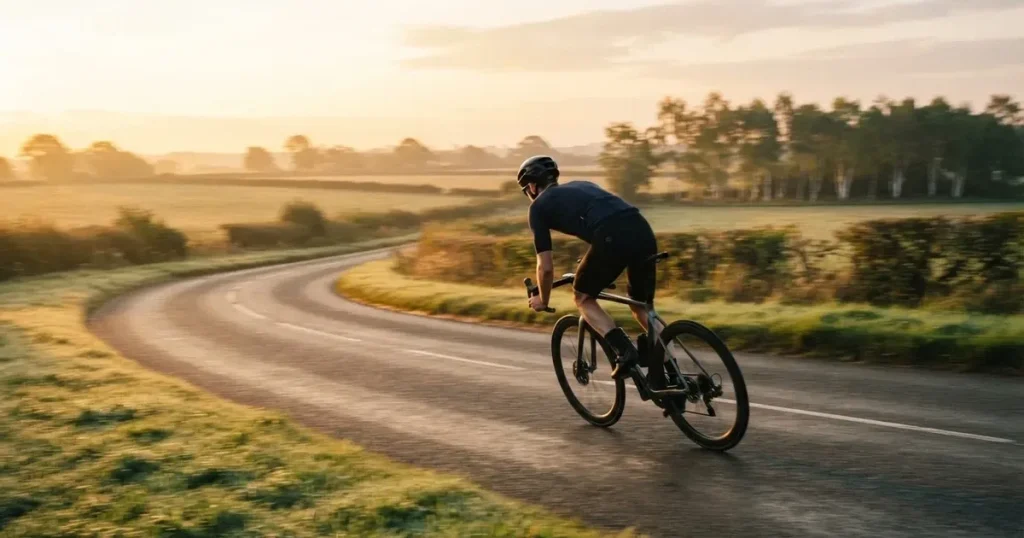 En cyklist susar längs en landsväg vid soluppgång, farten gör åkrarna suddiga i bakgrunden — 5 euro casino i sverige