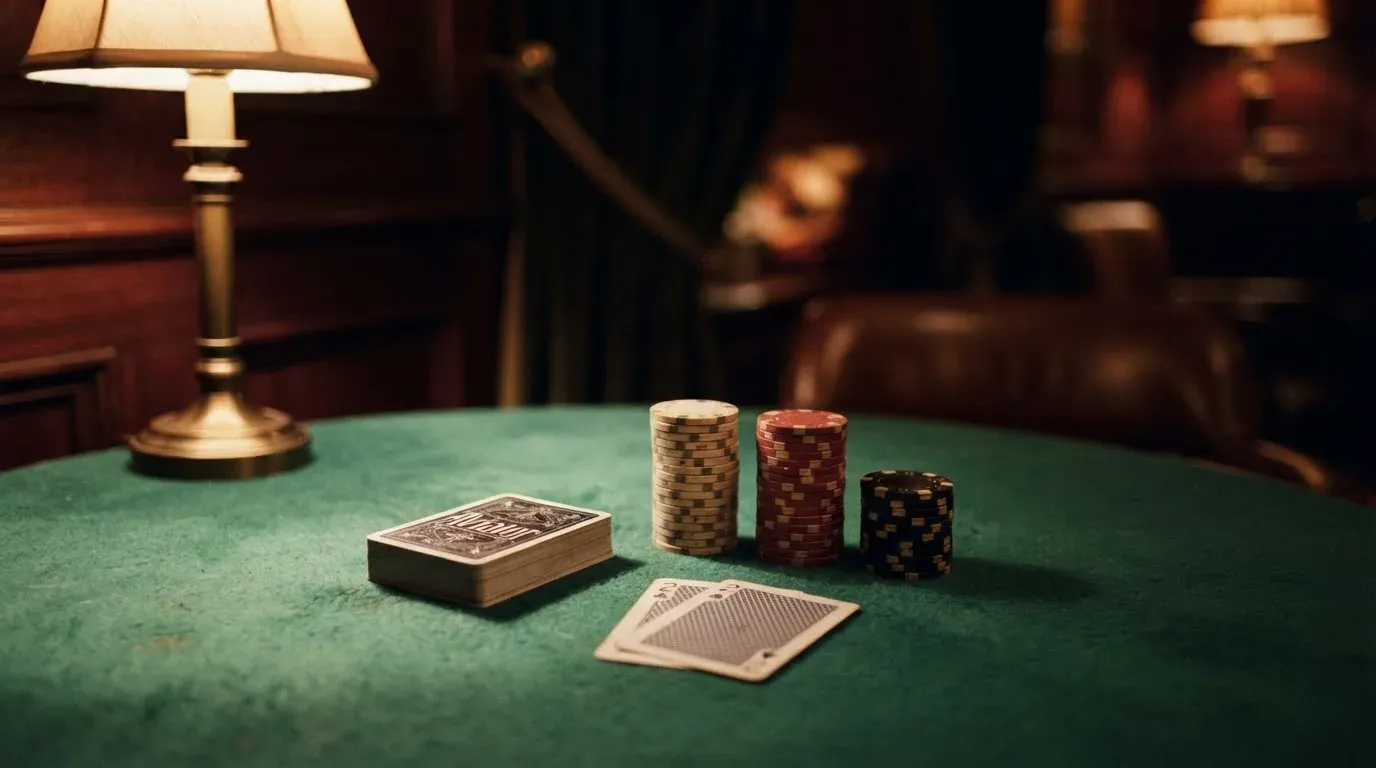 Kortlek och staplar av spelmarker på ett grönt filtbord i en dunkel salong, varmt lampsken — 50 euro casino i sverige