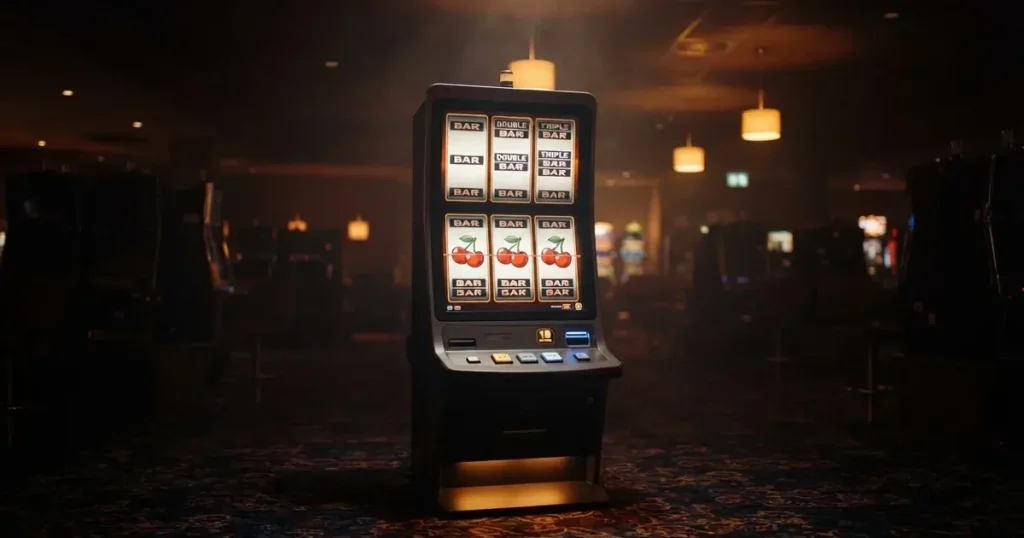 Rullarna på en spelautomat stannar i rad, klarröda körsbär lyser i den mörka spelhallen — 50 free spins casino i sverige