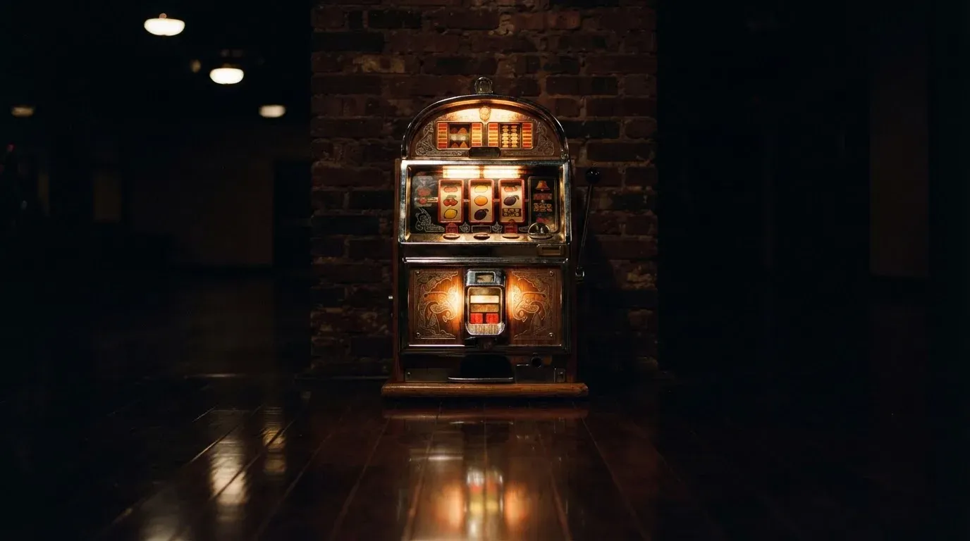 En gammal spelautomat lyser i den dunkla hallen och speglar sig i golvet — bästa kasino i sverige