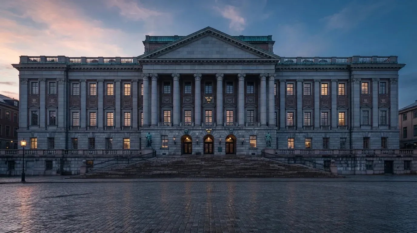 Stenfasad på en statlig byggnad i Stockholm vid gryning, höga pelare och ett tomt torg framför — bästa kasino i sverige