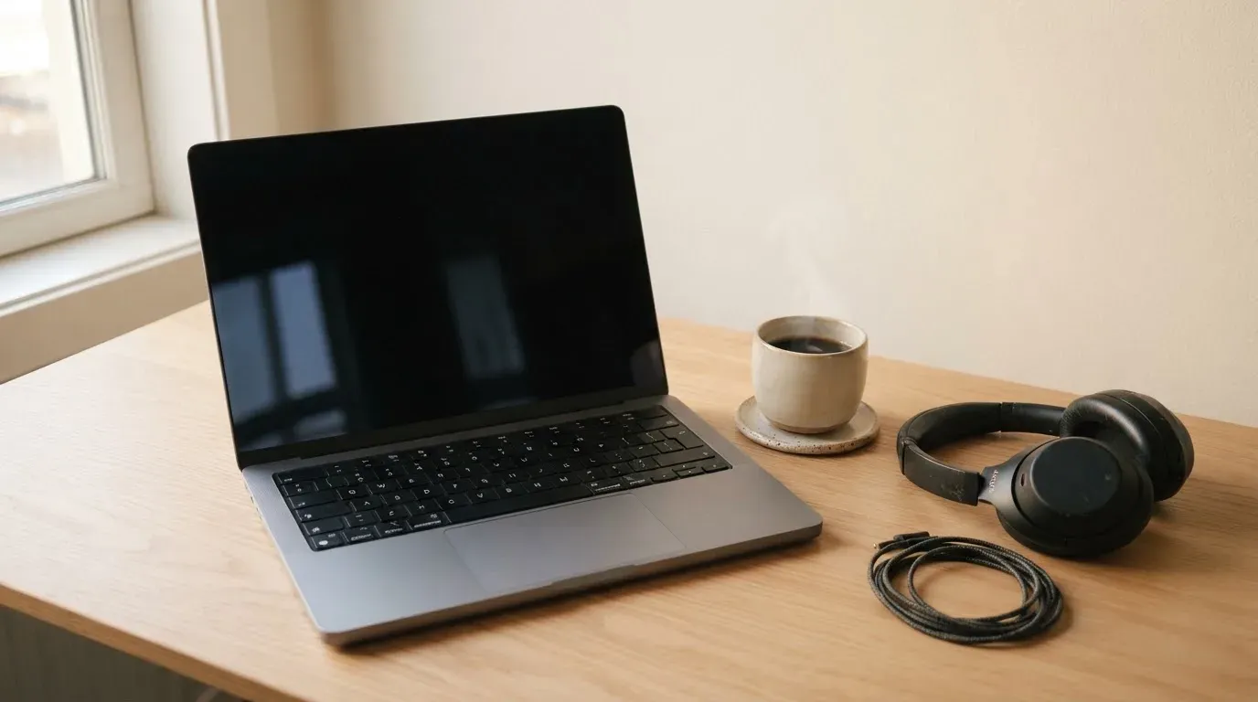 En bärbar dator med nedsläckt skärm står öppen på ett skrivbord tillsammans med en kopp kaffe och ett par hörlurar i morgonljus.