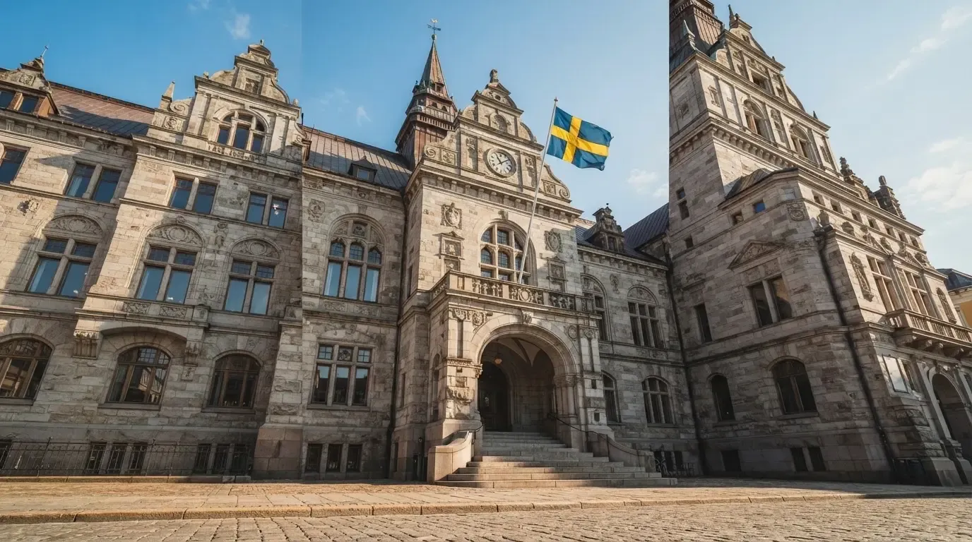 Ett gammalt stadshus i sten fotograferat underifrån mot en klarblå himmel, med den svenska flaggan som fladdrar ovanför entrén.
