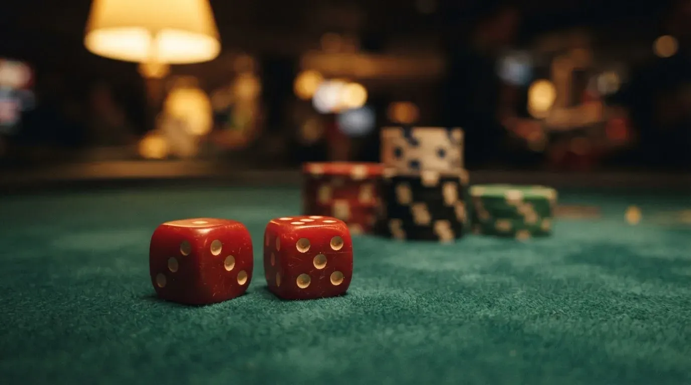 Röda tärningar vilar på grönt filt, bakom dem suddiga torn av spelmarker i kvällsdunklet — betala på casino i sverige