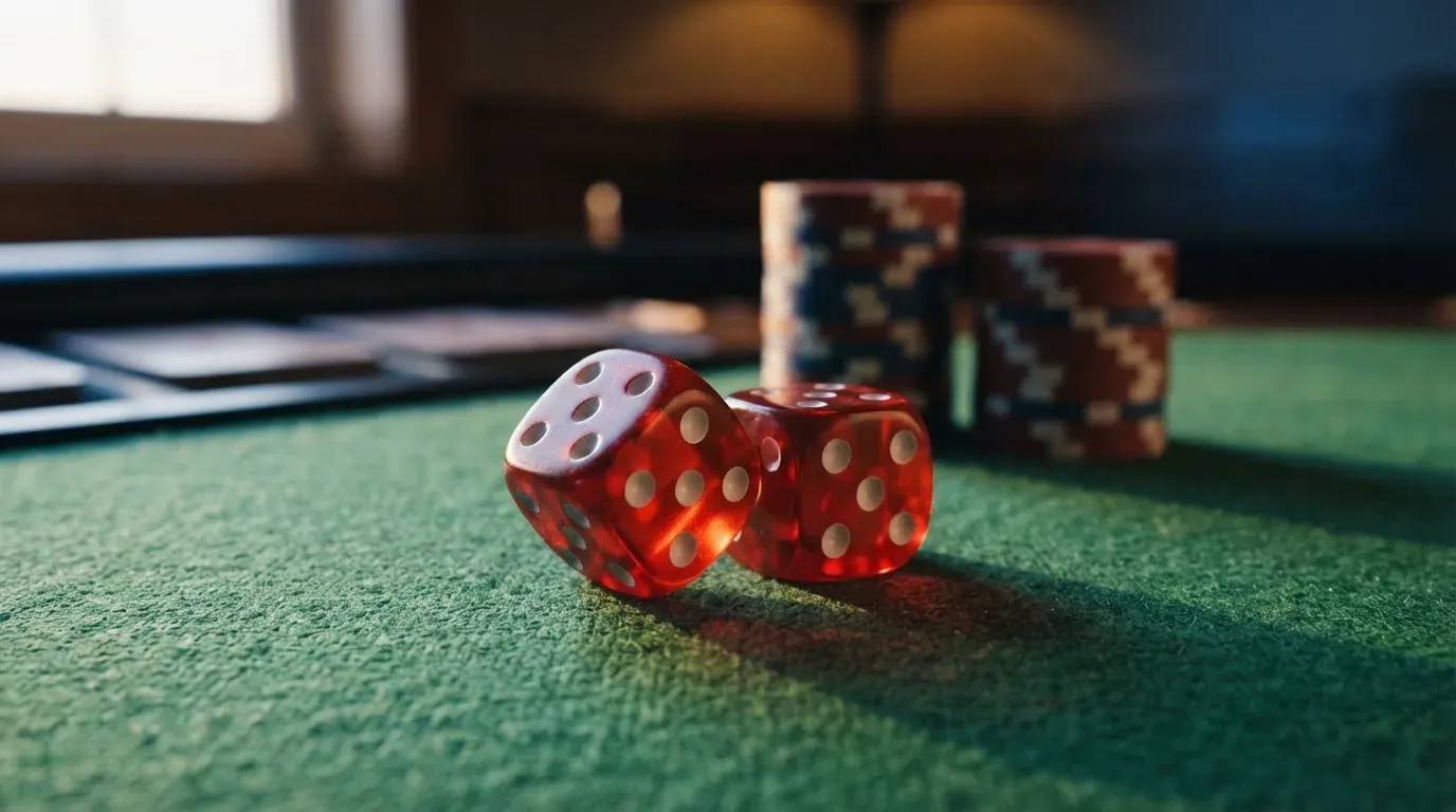 Röda tärningar vilar på grönt filt, bakom dem suddiga torn av spelmarker i kvällsdunklet — blackjack gratis i sverige
