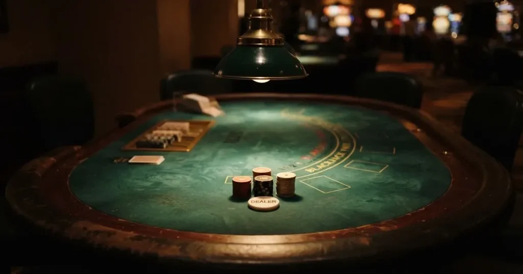 Ett ovalt pokerbord under en lågt hängande lampa, med spelmarker och en vit bricka i ljuset — blackjack med live dealer i sverige