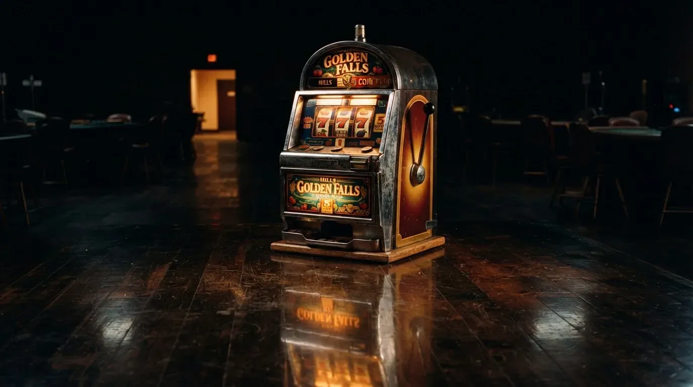 En gammal spelautomat lyser i den dunkla hallen och speglar sig i golvet — blackjack på nätet i sverige