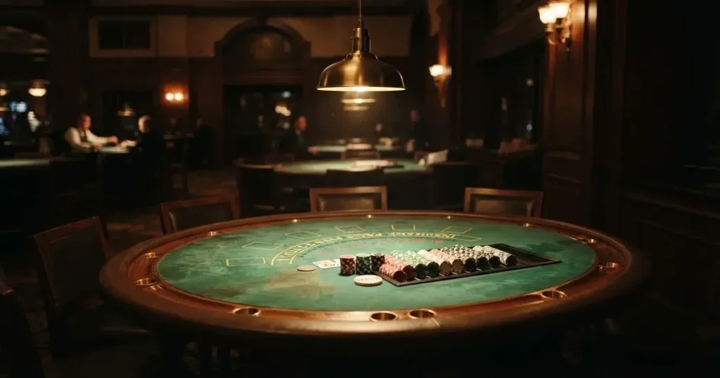 Ett ovalt pokerbord under en lågt hängande lampa, med spelmarker och en vit bricka i ljuset — blackjack på nätet i sverige
