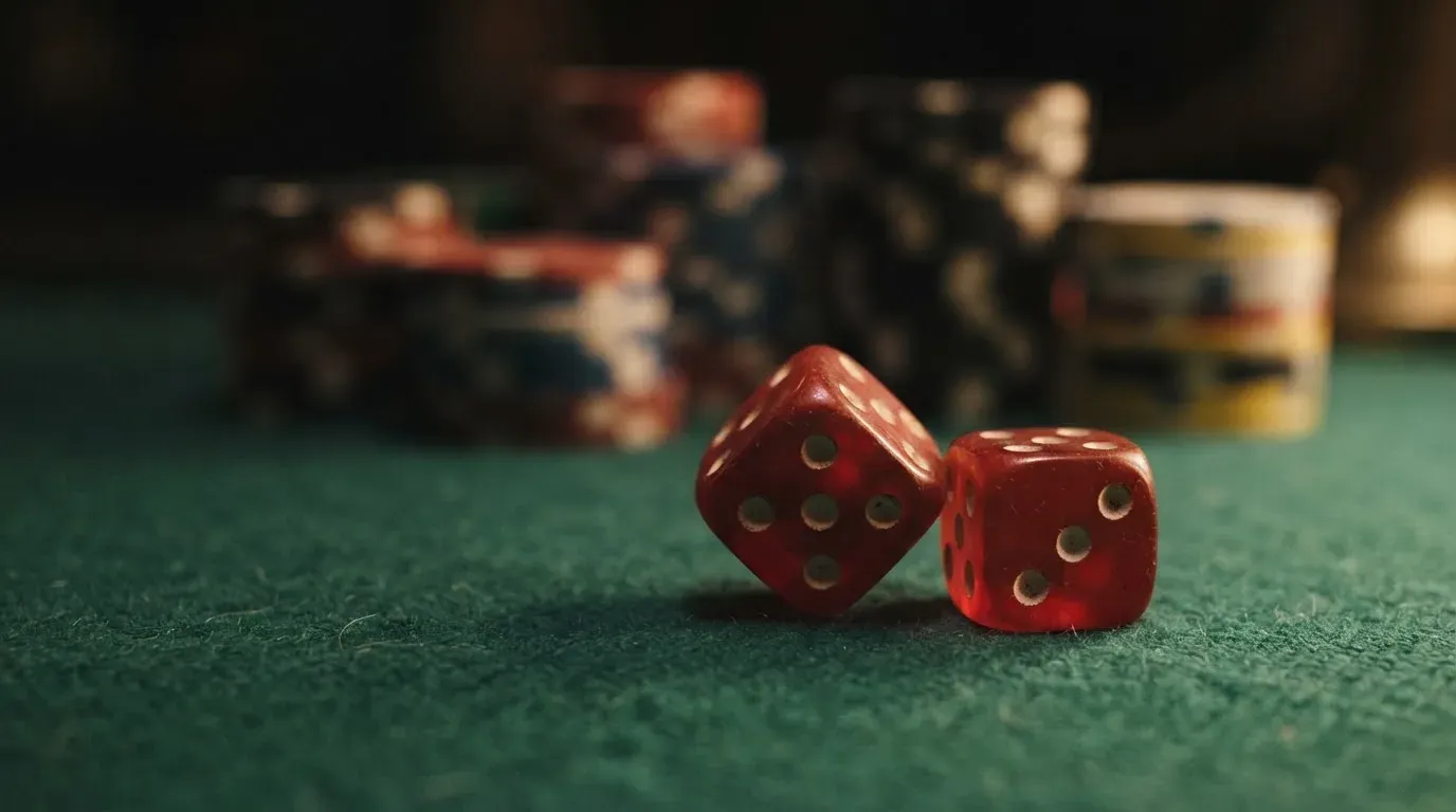 Röda tärningar vilar på grönt filt, bakom dem suddiga torn av spelmarker i kvällsdunklet — bra svenska casinon