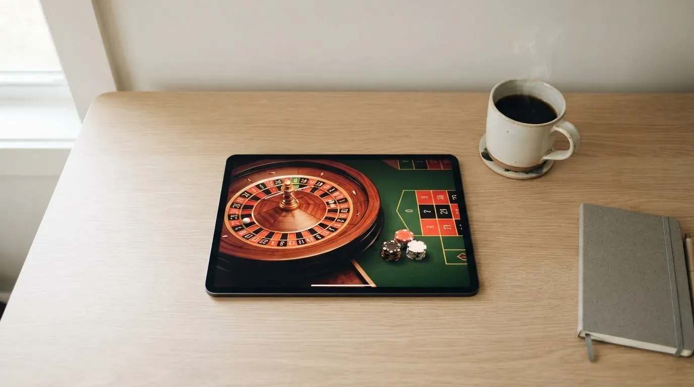 En person sitter vid ett skrivbord hemma med en surfplatta nedvänd bredvid en kopp kaffe i morgonljus.