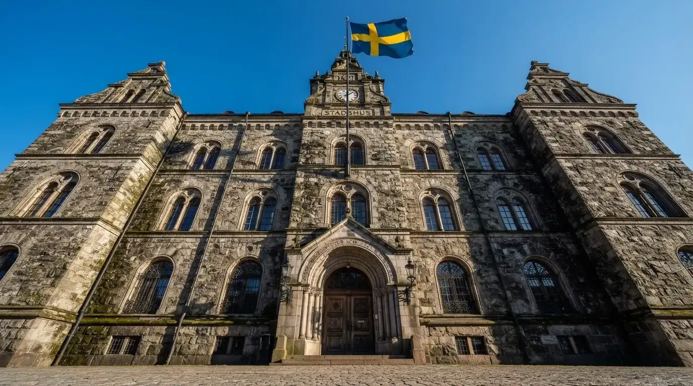 Ett gammalt stadshus i sten fotograferat underifrån mot en klarblå himmel, med den svenska flaggan som fladdrar ovanför entrén.