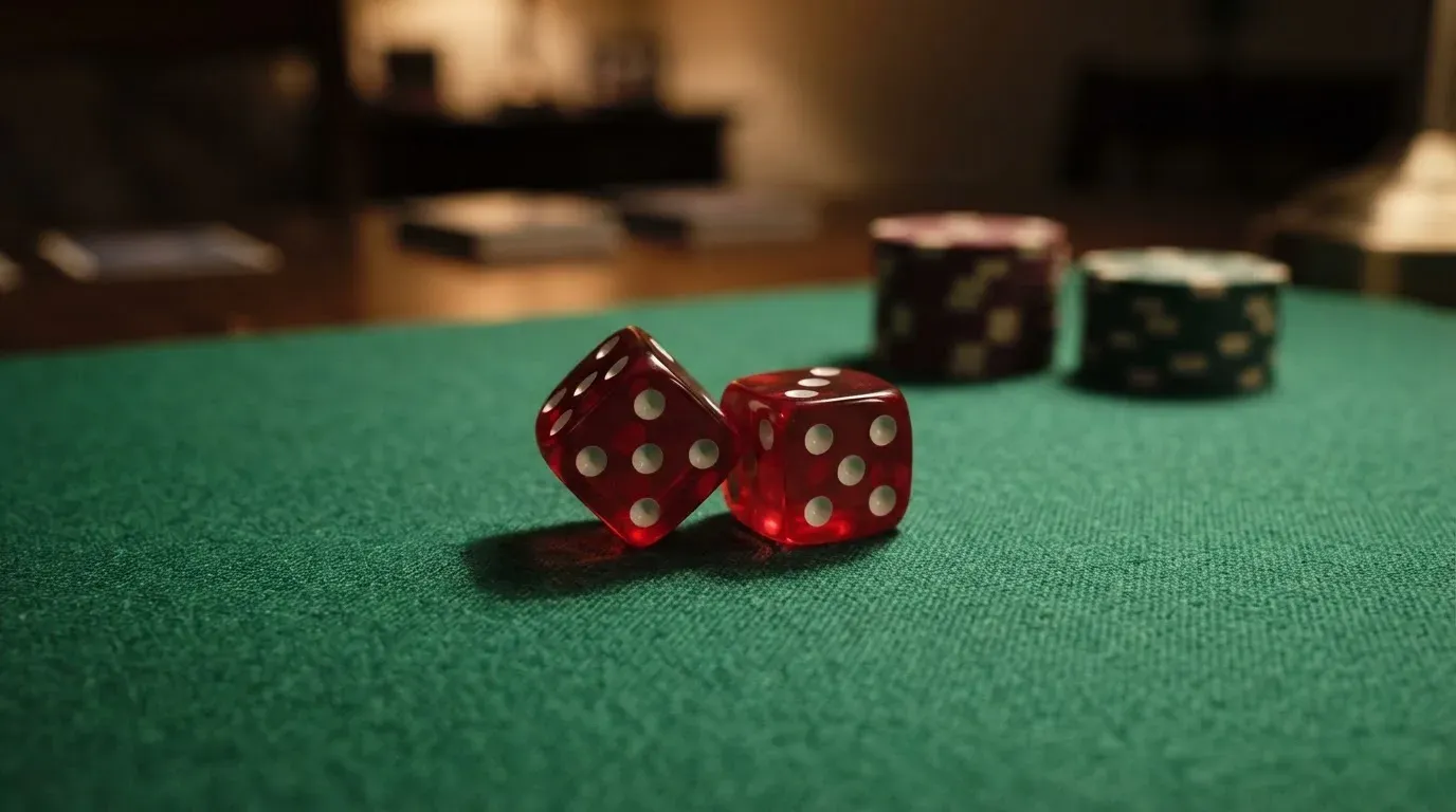 Röda tärningar vilar på grönt filt, bakom dem suddiga torn av spelmarker i kvällsdunklet — casino erbjudanden i sverige
