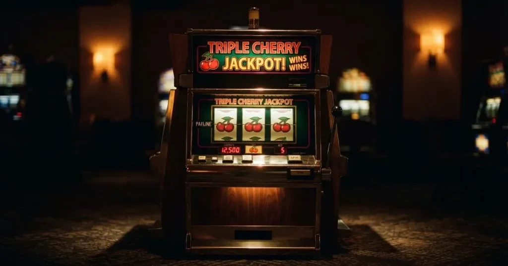 Rullarna på en spelautomat stannar i rad, klarröda körsbär lyser i den mörka spelhallen — casino erbjudanden i sverige