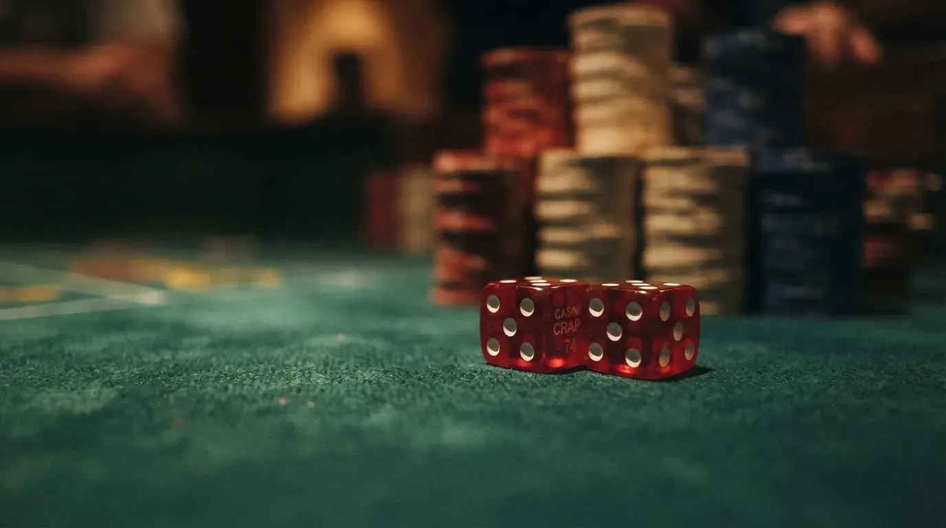 Röda tärningar vilar på grönt filt, bakom dem suddiga torn av spelmarker i kvällsdunklet — casino guider för svenskar