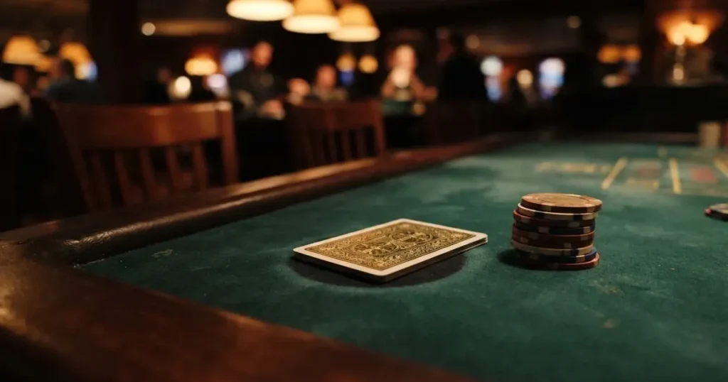 Kort delade med framsidan nedåt på grönt filt, marker väntar bredvid i varmt ljus — casino guider för svenskar