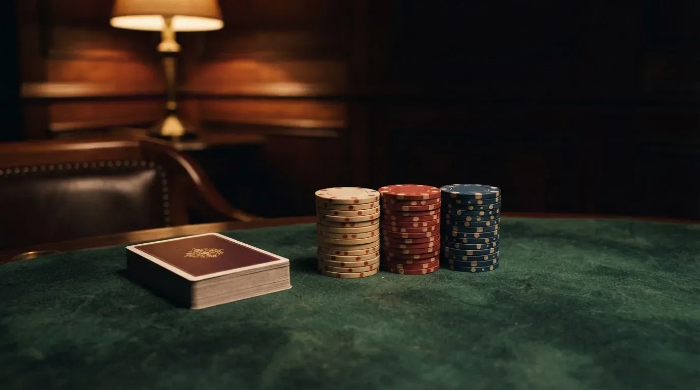 Kortlek och staplar av spelmarker på ett grönt filtbord i en dunkel salong, varmt lampsken — casinon med baccarat i sverige