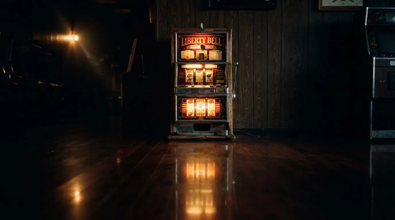 En gammal spelautomat lyser i den dunkla hallen och speglar sig i golvet — casinon med bankid i sverige