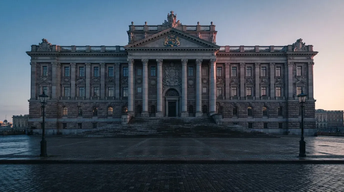 Stenfasad på en statlig byggnad i Stockholm vid gryning, höga pelare och ett tomt torg framför — casinon med bankid i sverige