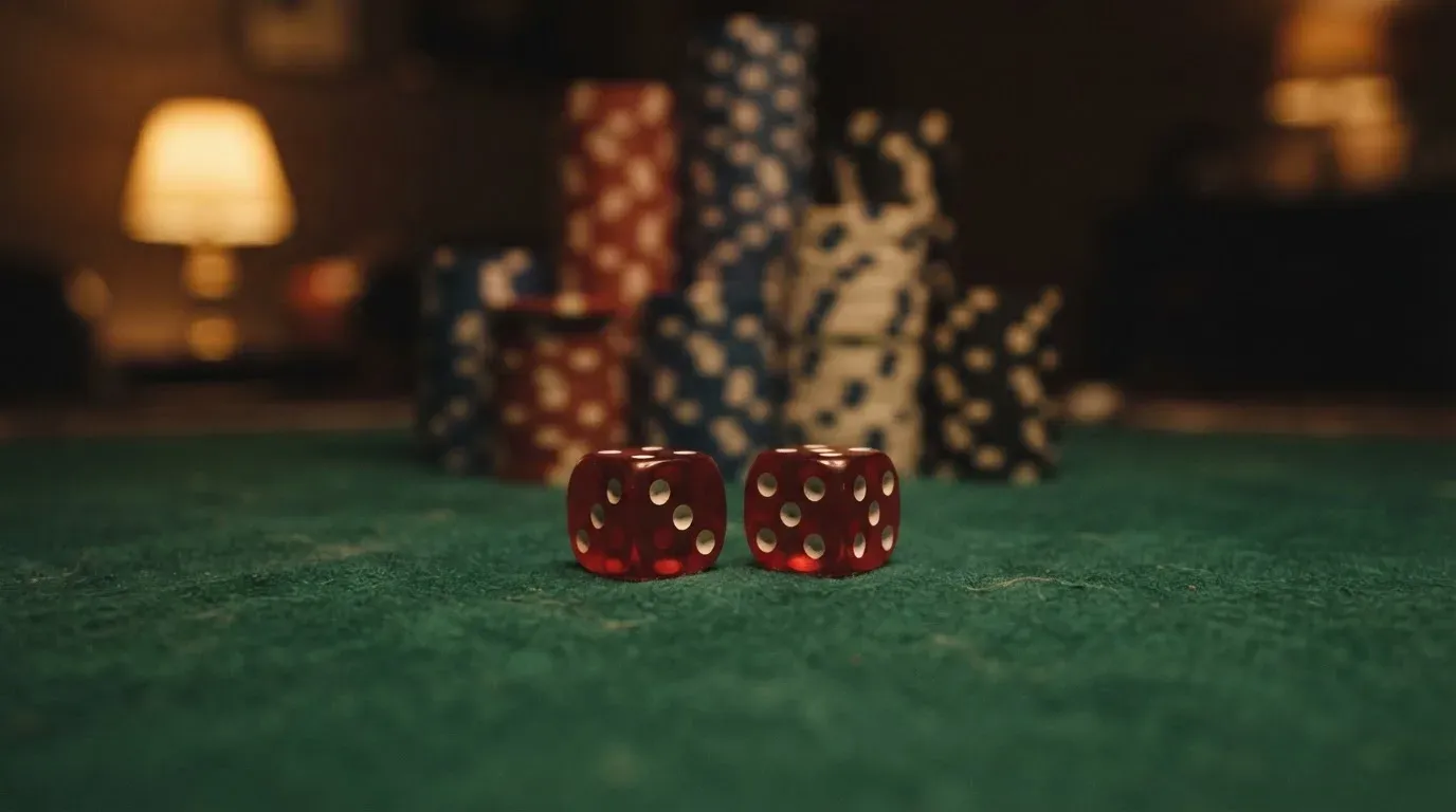 Röda tärningar vilar på grönt filt, bakom dem suddiga torn av spelmarker i kvällsdunklet — casinon med bingo i sverige