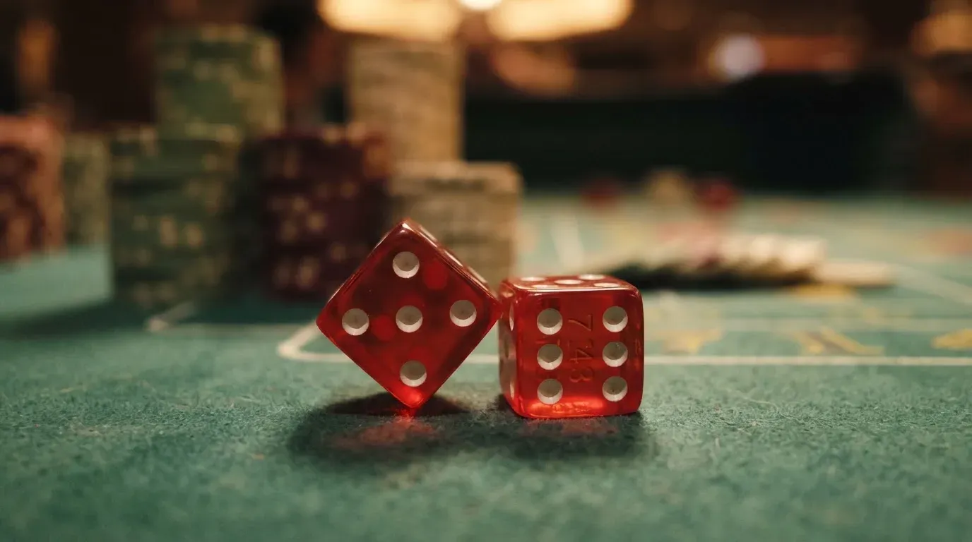 Röda tärningar vilar på grönt filt, bakom dem suddiga torn av spelmarker i kvällsdunklet — casinon med craps i sverige