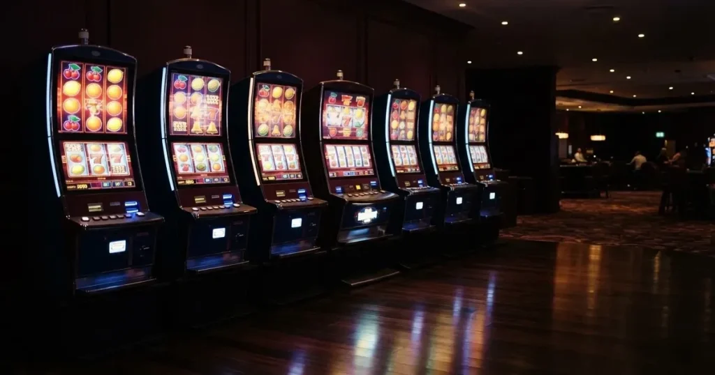 En rad spelskåp i en dunkel hall, rullarna lyser i olika färger och golvet speglar dem — casinon med craps i sverige