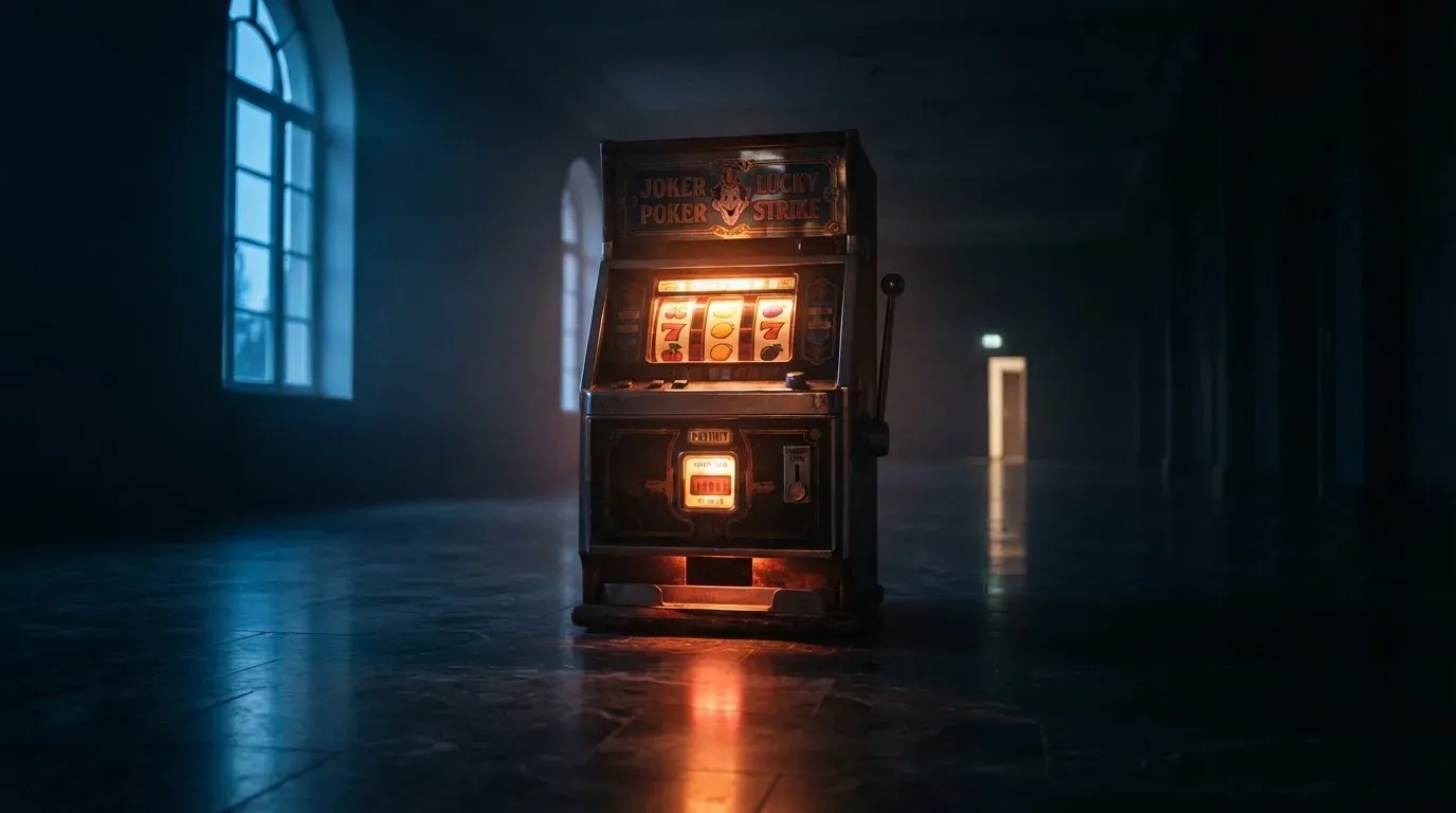 En gammal spelautomat lyser i den dunkla hallen och speglar sig i golvet — casinon med curaçao licens