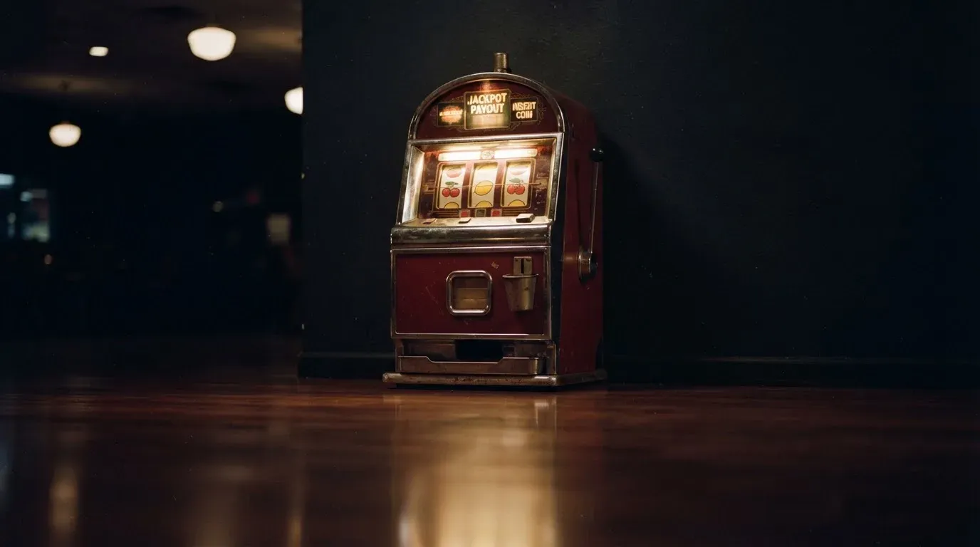 En gammal spelautomat lyser i den dunkla hallen och speglar sig i golvet — casinon med gratis spins i sverige