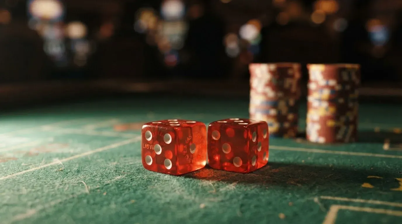 Röda tärningar vilar på grönt filt, bakom dem suddiga torn av spelmarker i kvällsdunklet — casinon med jackpot i sverige