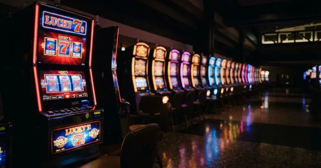 En rad spelskåp i en dunkel hall, rullarna lyser i olika färger och golvet speglar dem — casinon med jackpot i sverige
