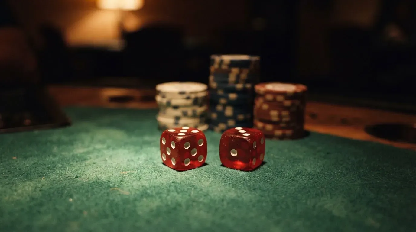 Röda tärningar vilar på grönt filt, bakom dem suddiga torn av spelmarker i kvällsdunklet — casinon med låg insättning