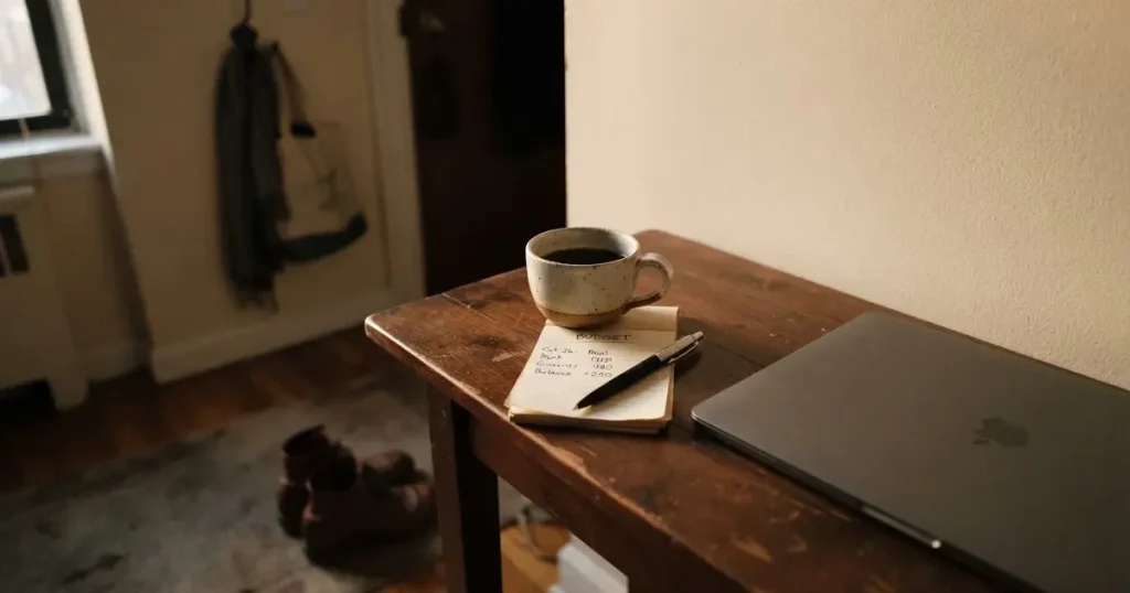 Kaffekopp och penna på ett smalt hallbord i skymning, en stängd bärbar dator vid sidan — casinon med låg insättning