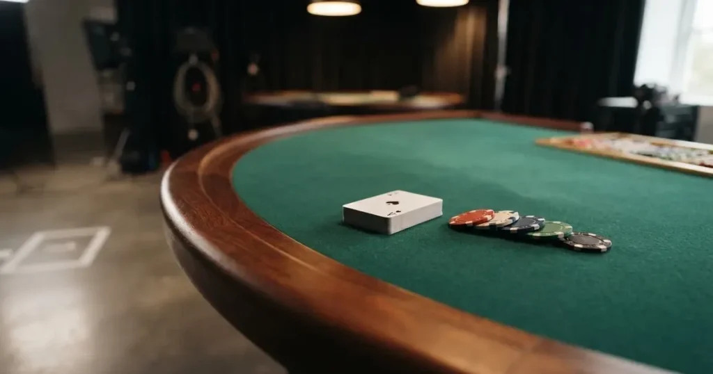 En studiomiljö med ett tomt spelbord täckt i grön filt, kortlekar och marker prydligt uppradade i mjuk belysning.