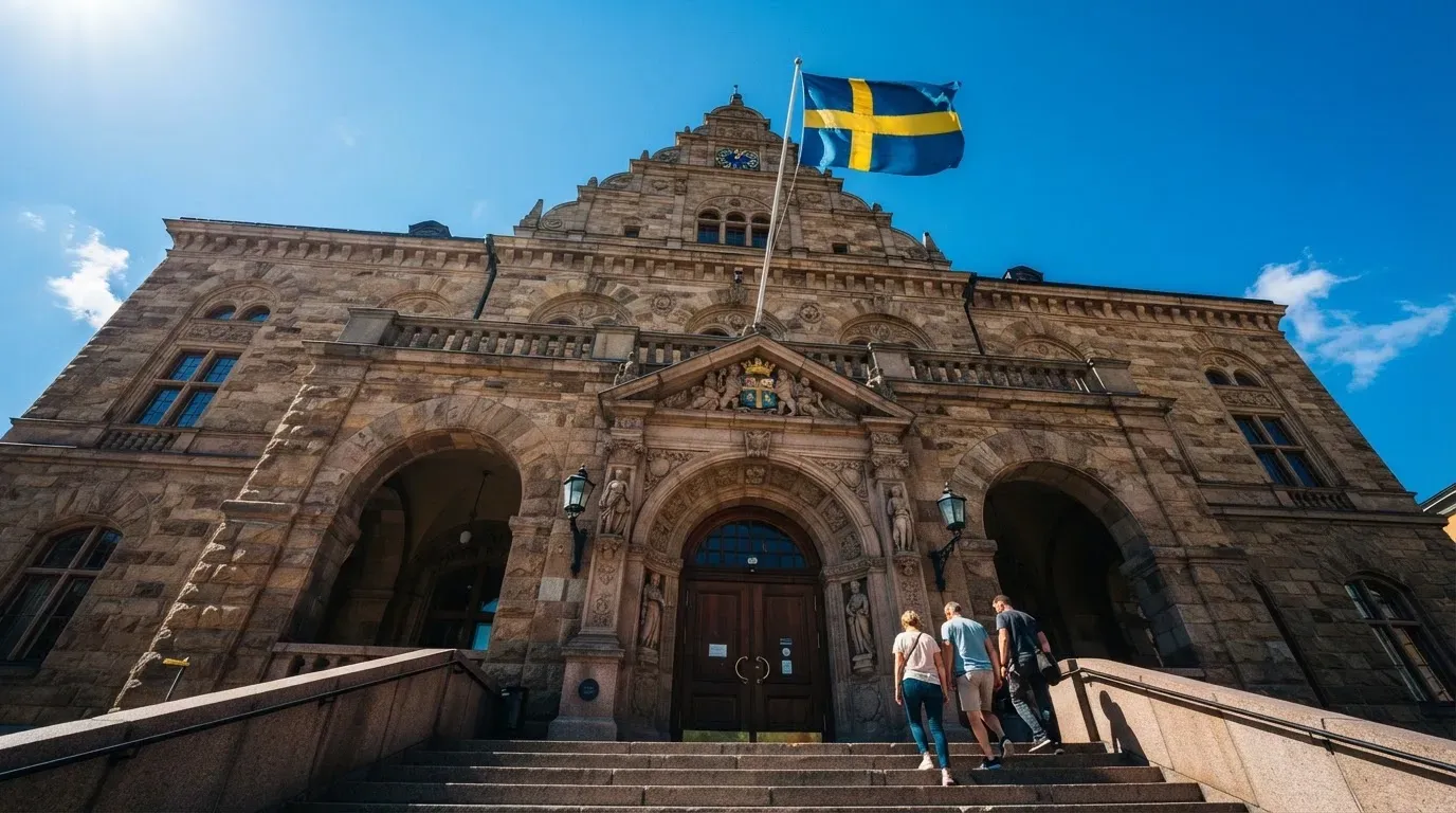 Ett gammalt stadshus i sten fotograferat underifrån mot en klarblå himmel, med den svenska flaggan som fladdrar ovanför entrén.